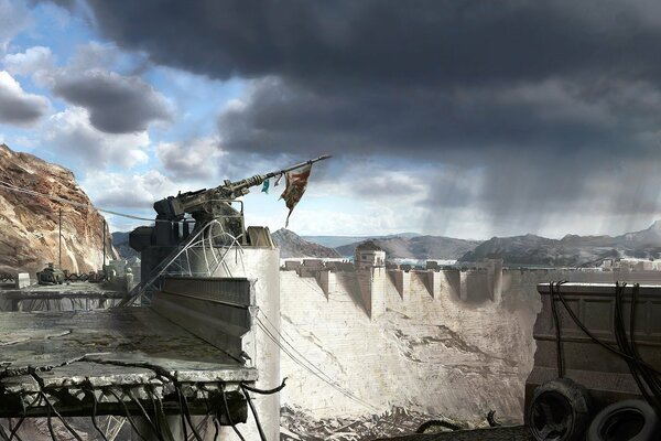 A fallen tower against the background of a destroyed dam and boiling water