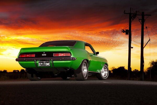 Green camaro on sunset background