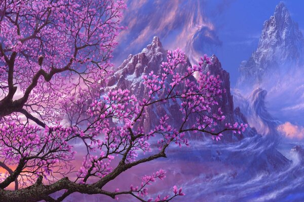 Lilac sakura in the spring in the mountains