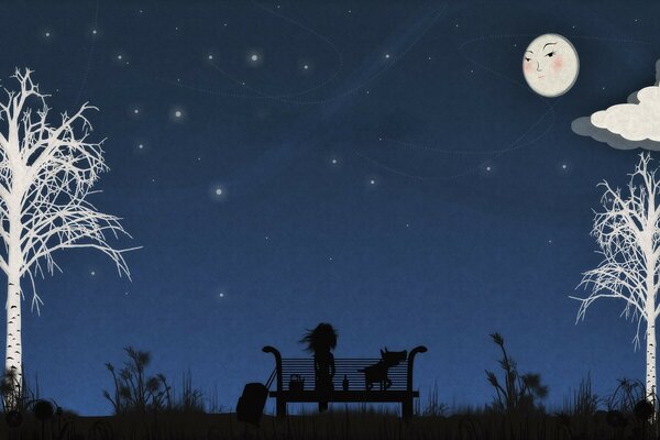 A girl with a dog on a bench at night