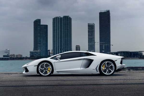 Lamborghini blanc sur fond de bâtiments à plusieurs étages