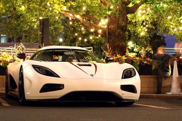 Koenigsegg Agera white hypercar under a tree with a garland