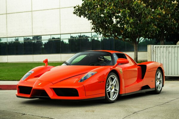 Ferrari rossa vicino all edificio con alberi