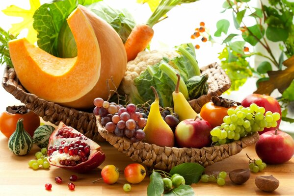 Ripe fruit assorted in baskets on the table