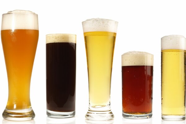 Five beers on a white background