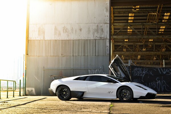 White compact lamborghini murcielago under the shining sun