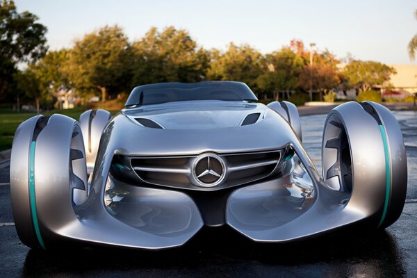 Voiture Mercedes argent sur fond d arbres