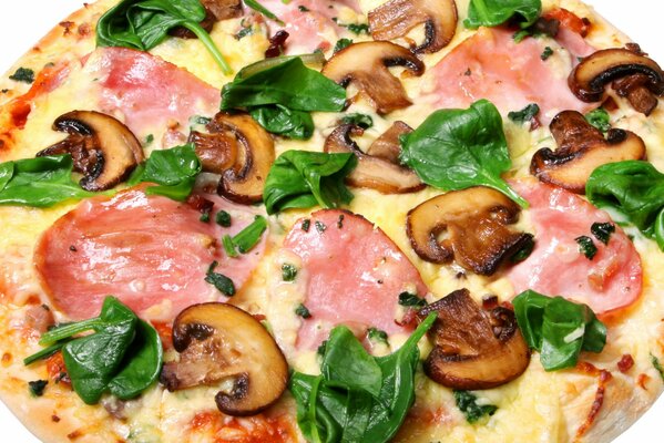 Pizza with mushrooms, sausages and herbs