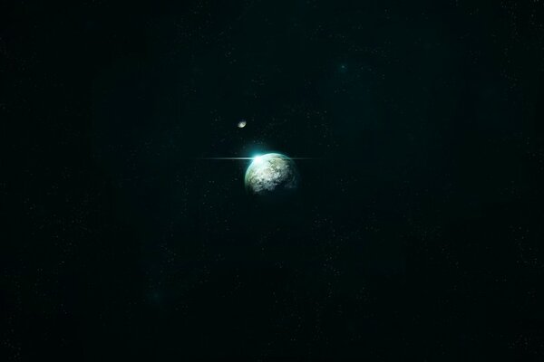 On a black background of space, a planet and a star