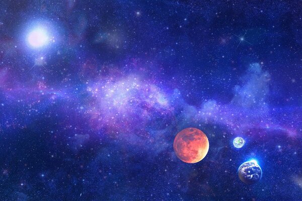 Colorful planets in blue space