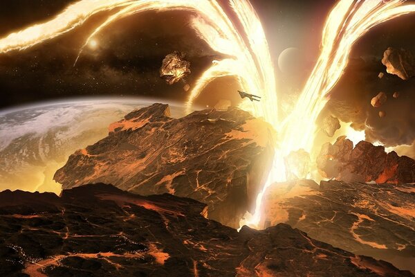 The explosion of a planet in space against the background of the earth