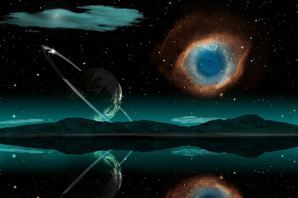 Fantasy image of the cosmos and the planet Saturn