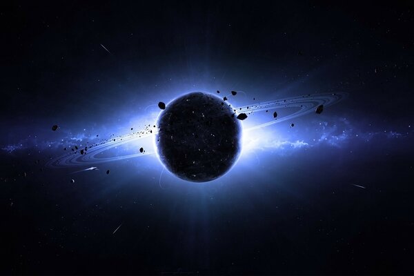 A planet in space among asteroids and blue lights