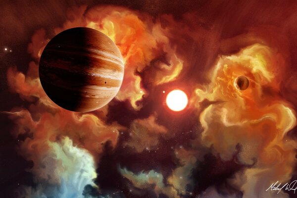 Fantastischer Planet vor dem Hintergrund eines orangefarbenen Nebels