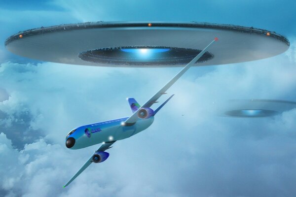 The plane makes a maneuver and a UFO flies over it