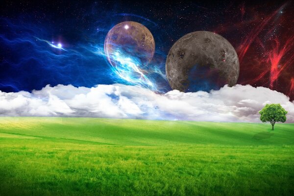 Fantastic art with space and a green field