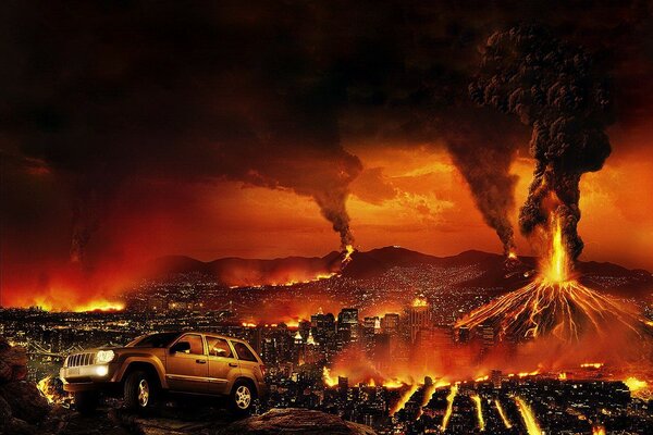 A car on the background of the apocalypse. Volcanic eruption