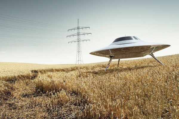 UFO in the field against the background of wires. power lines