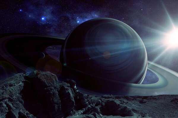 Drawing of the planet Saturn on the background of the luminary