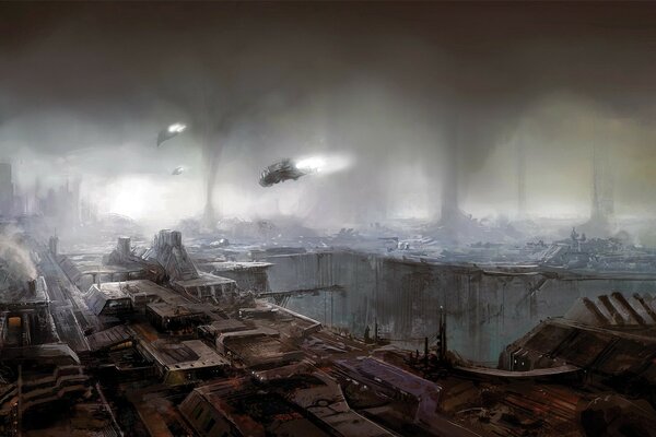 Drawing of the future. future ships. gloomy background