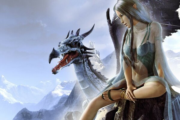 Fille avec un dragon sur fond de montagnes