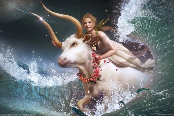 A girl riding a bull in the waves