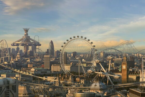 Parque de atracciones de Londres contra el cielo