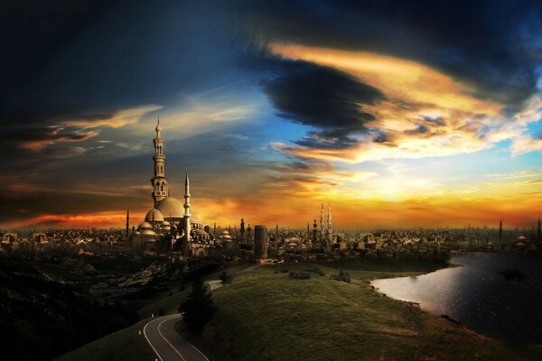 Mosque on the background of the sunset sky