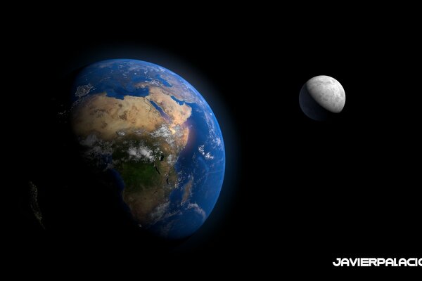 Image of the planet earth and its moon satellite on a black background