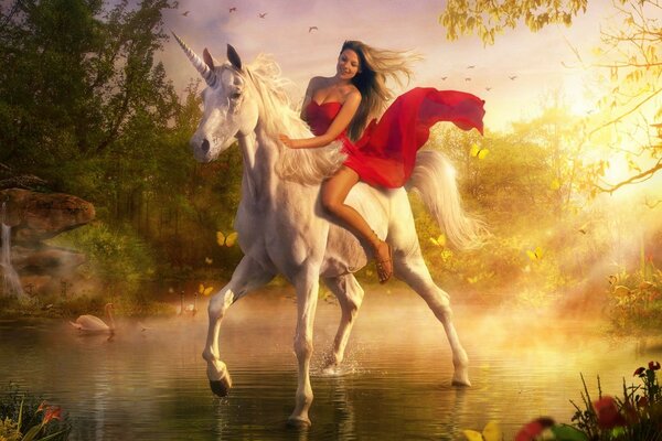 A girl riding a white unicorn