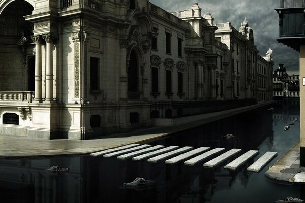 Pedestrian crossing on the water with crocodiles