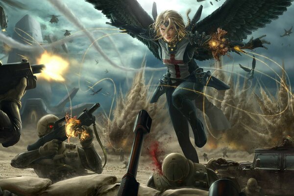 Alien war soldiers and a female warrior with wings