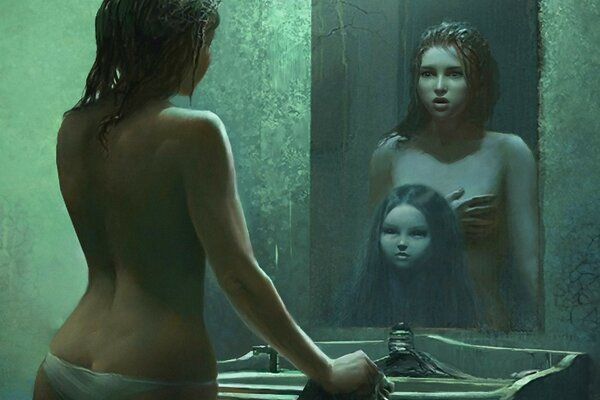 The girl with the ghost at the mirror