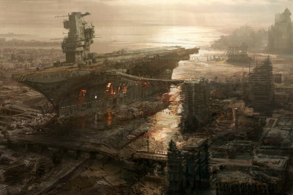 A destroyed aircraft carrier ship on a gloomy background