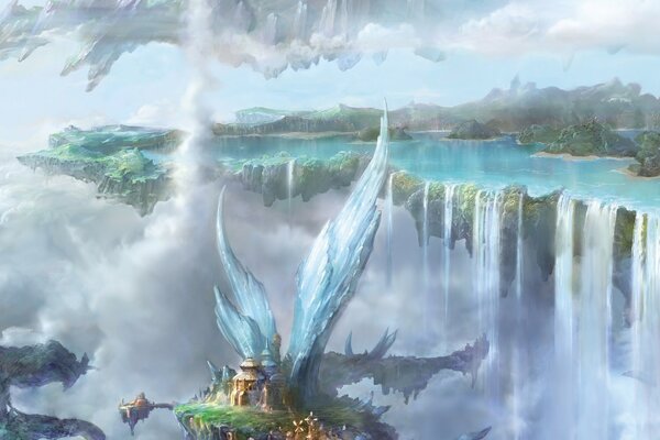 A fantastic world with a lake and a waterfall