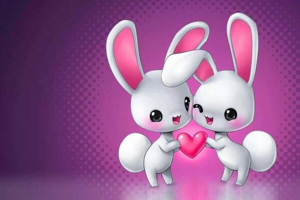 Two bunnies holding a pink heart