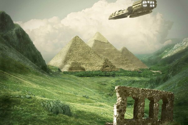 A spaceship is flying over the pyramids