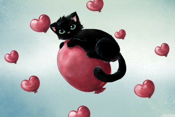 Black cat on a balloon and hearts