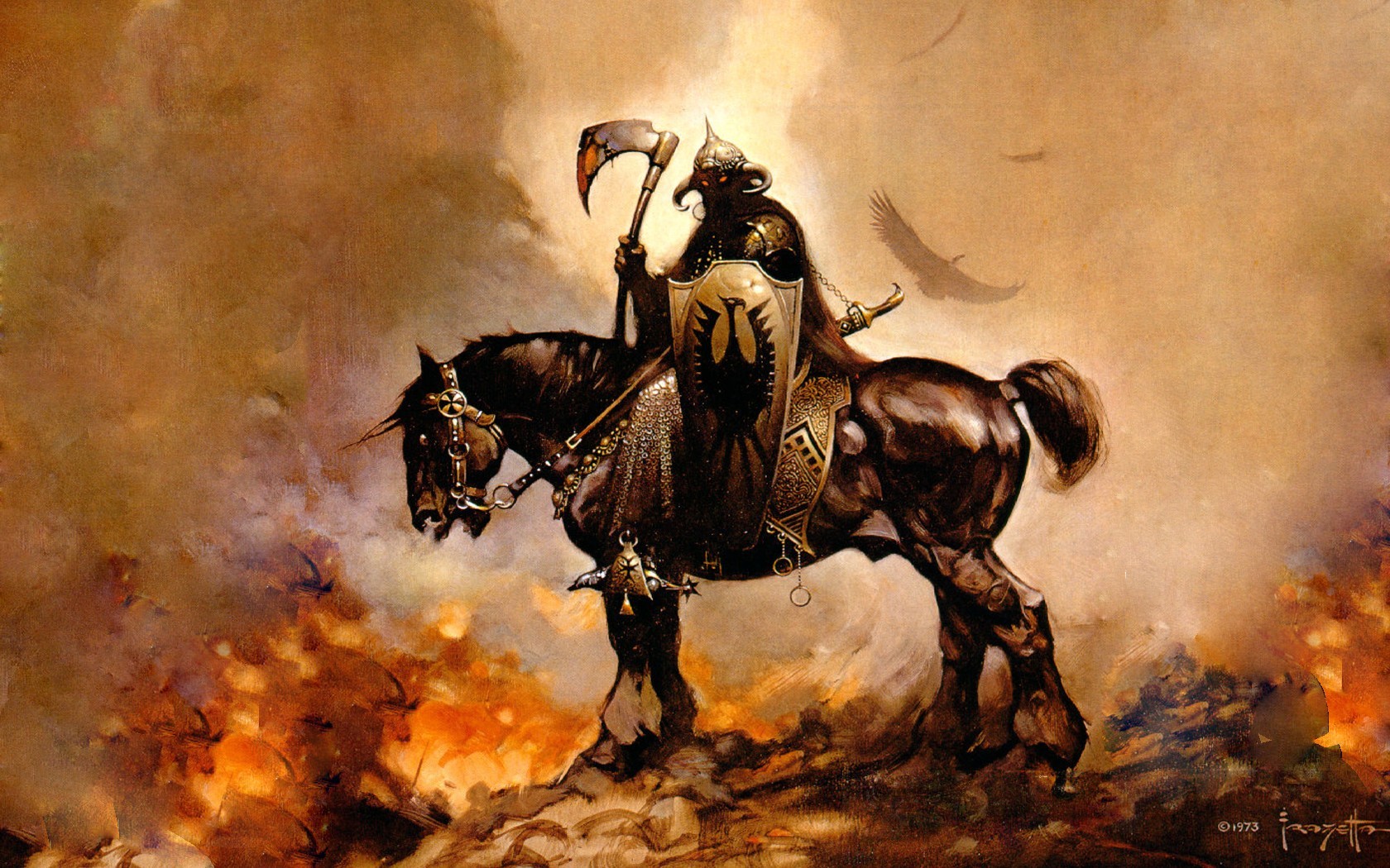 fantasy cavalier cheval feu dessin frazetta