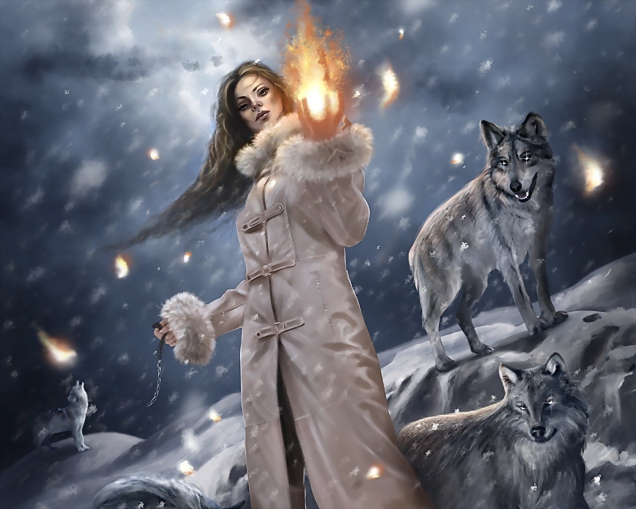 fire magic girl wolves winter fantasy