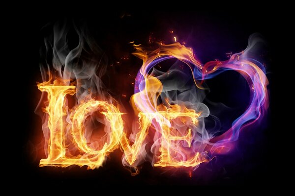 The inscription love with fire on a black background