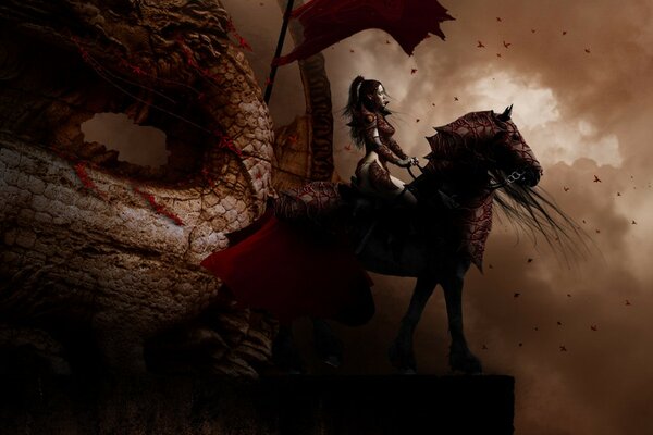 The mythical rider on the red dragon