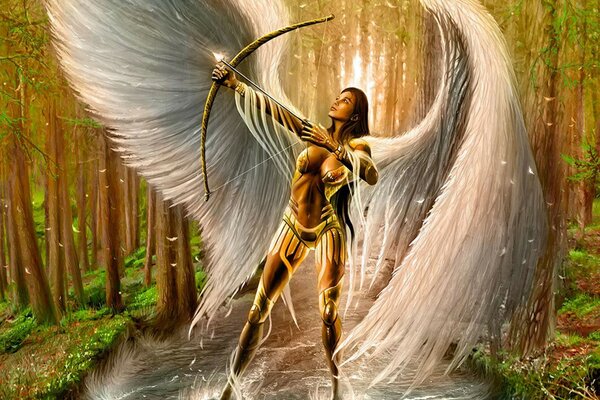 Winged girl with a bow in the forest on the river