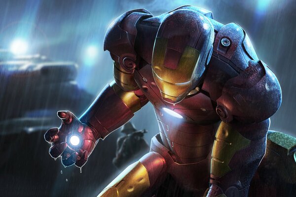 Red Iron Man in the rain