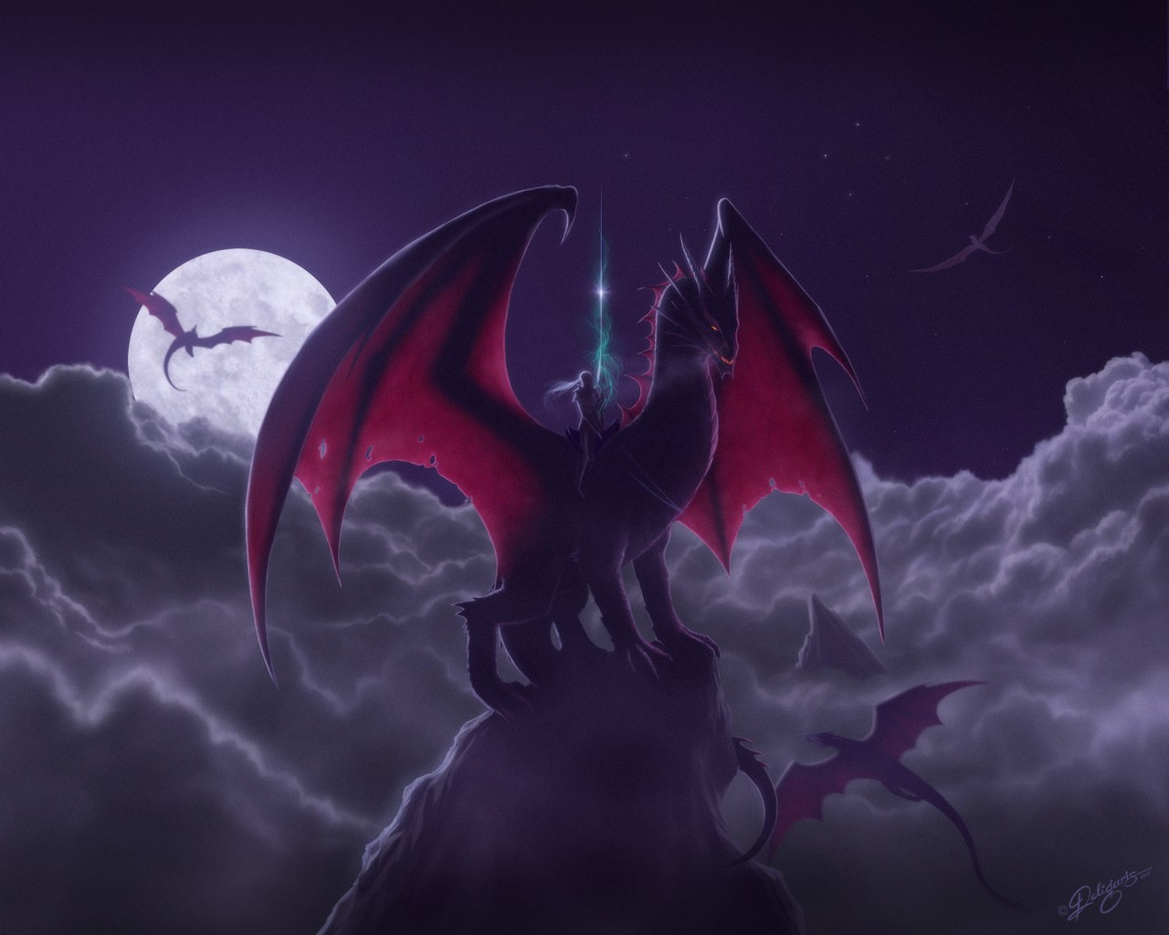 nacht mond drache reiter fantasie