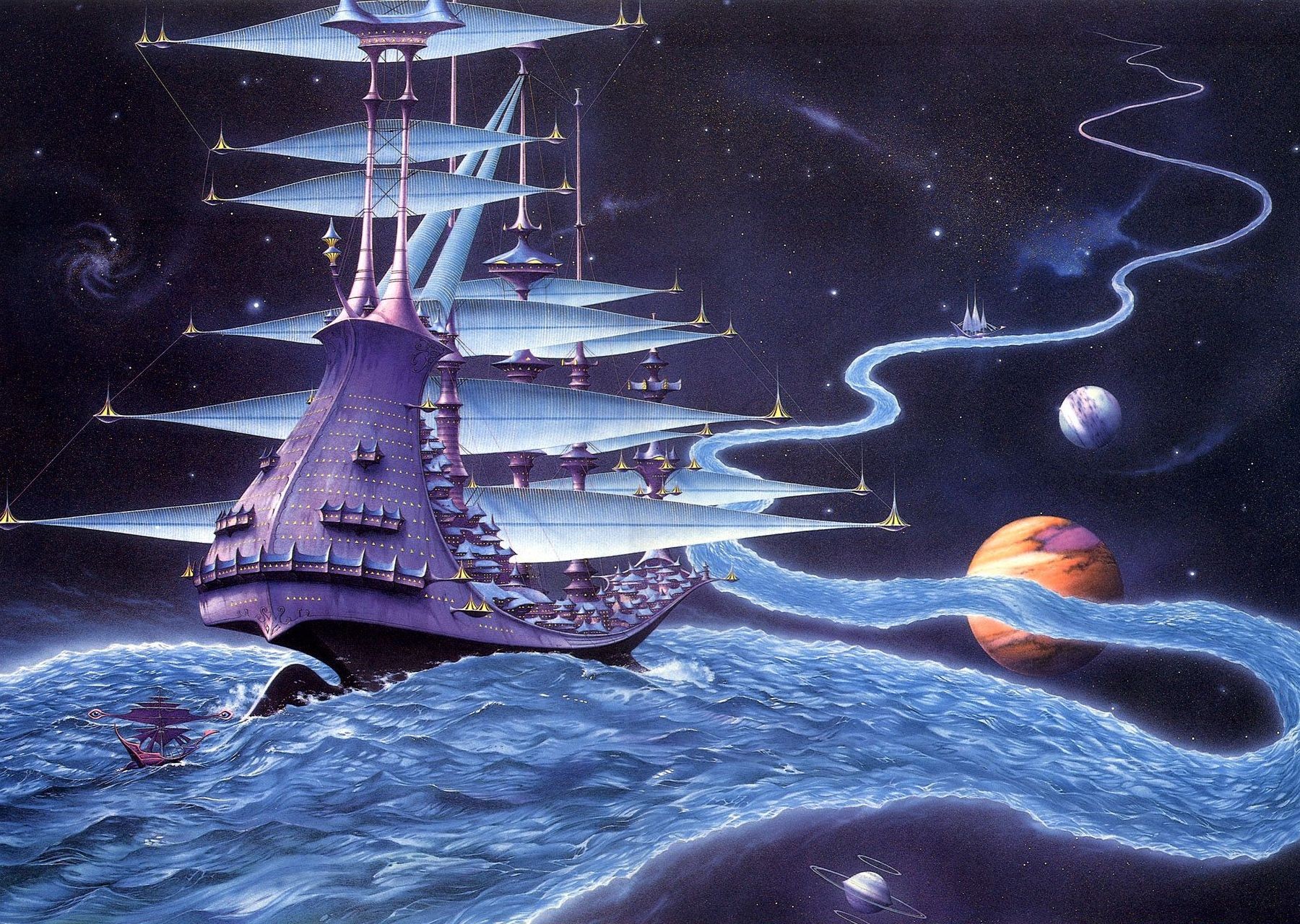 rodney matthews corriente de éter río viaje mundos nave planetas estrellas