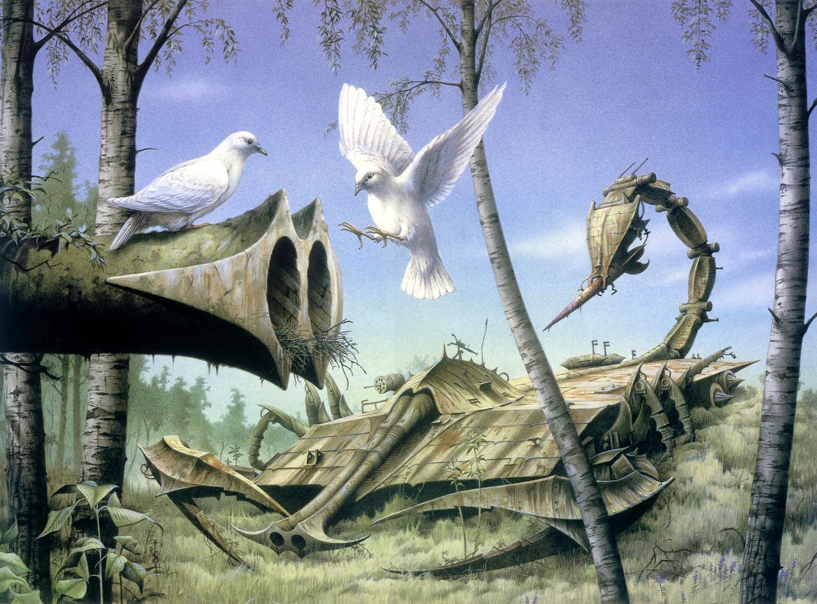 rodney matthews świat w przeszłości las broń gołębie cisza pokój