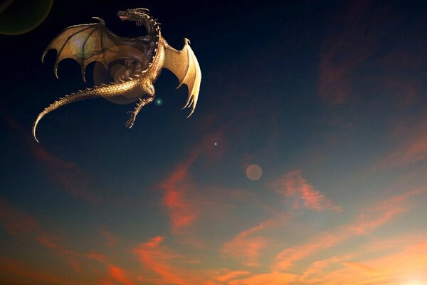 Fantasy , dragon flight in the color of sunset