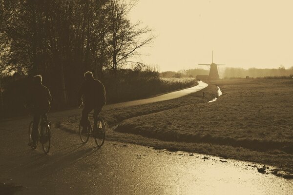 Cyclistes sur le sentier. Soir