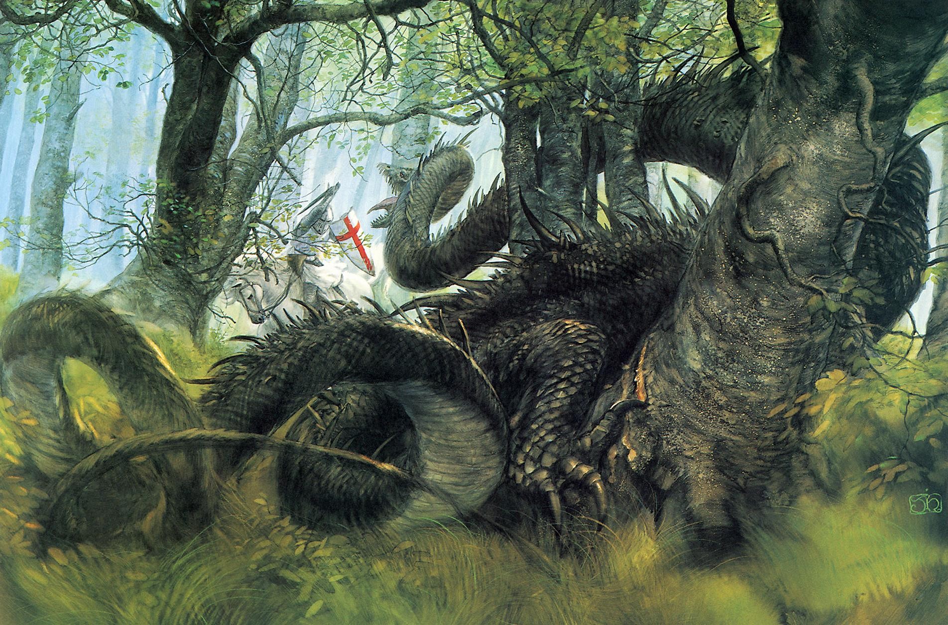 fantasía bosque caballero dragón john howe santo george y el dragón